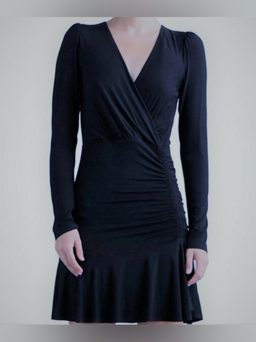 Bailey 44 Black Long-Sleeve Faux-Wrap Ruched Dress
